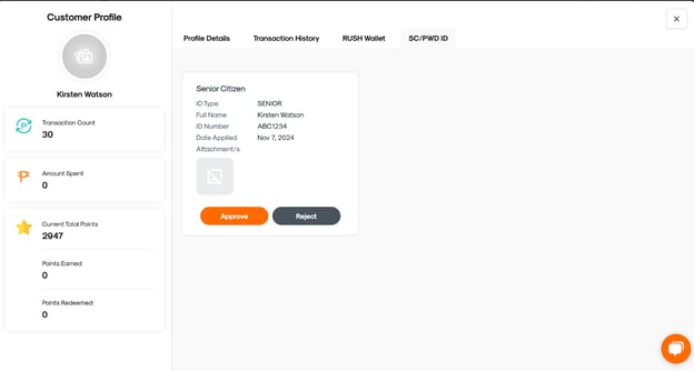 CMS screen showing approval options for a senior citizen or PWD ID submission