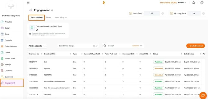 Screenshot of the Broadcasting tab in the Engagement module, showing options to create, schedule, and manage message broadcasts to customers
