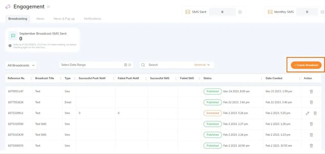Broadcasting tab in the Engagement module showing message creation and management options