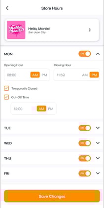 Mobile merchant app interface showing the setup for configuring store operating hours