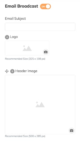 Interface for creating an email broadcast in the Engagement module, including fields for email subject, logo and header image