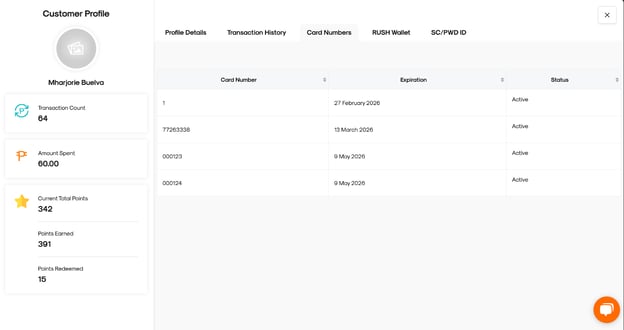 CMS interface displaying the customer card number tab