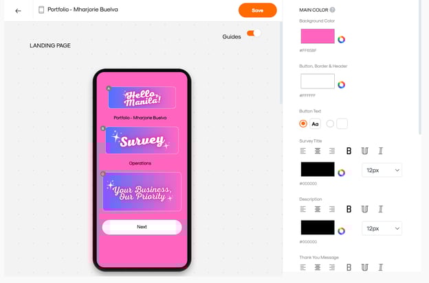 CMS interface showing customization options for the survey form design