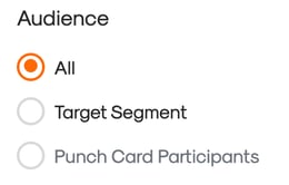 Selecting audience for an email broadcast: All, Target Segment, or Punch Card Participants