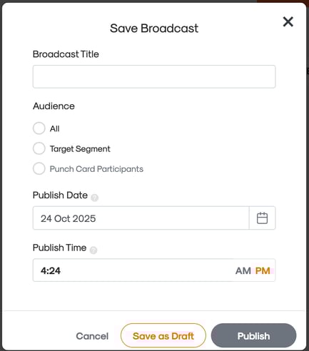 mail broadcast settings in the Engagement module with title, recipients, and publishing date options