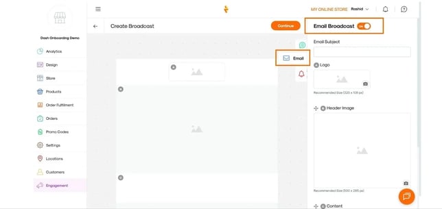 Screenshot showing how to enable email broadcasting in the Engagement module.