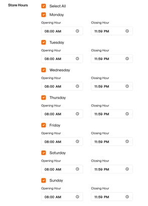 CMS interface showing the setup for configuring store operating hour