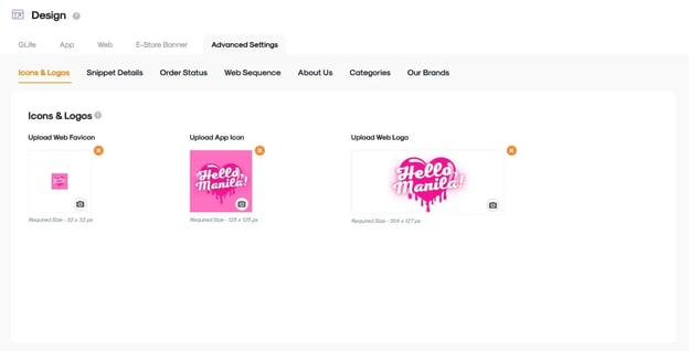 CMS interface showing steps to upload and configure icons and logos