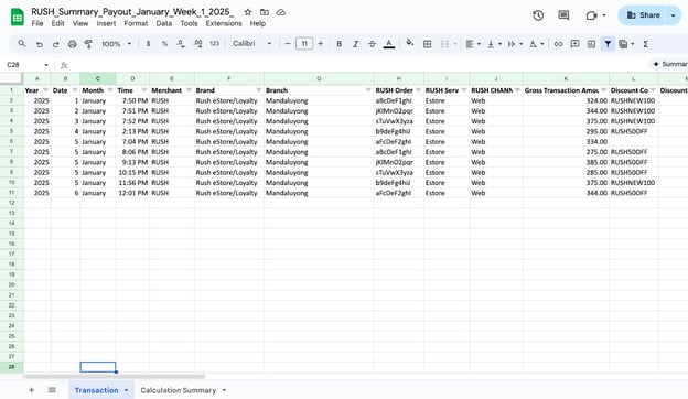 Transactions tab view in the payout report