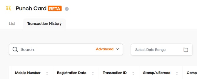 Punch Card Transaction History tab showing customer and transaction details