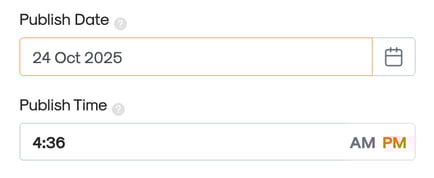 Setting the date and time to publish an email broadcast in the Engagement module.Setting the date and time to publish an email broadcast in the Engagement module