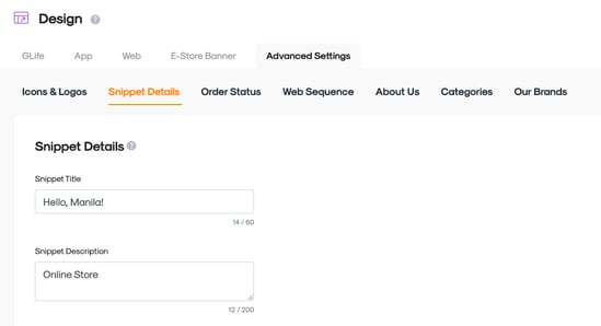 CMS interface showing the snippet details and configuration