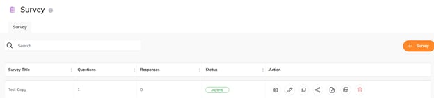 CMS interface showing the Survey tab with its available actions