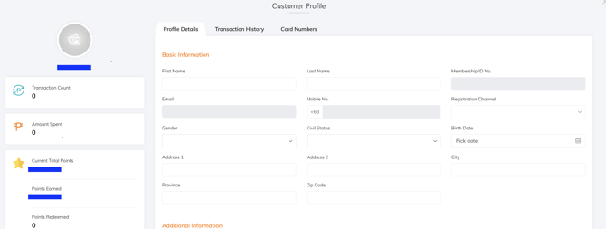 CMS interface displaying a customer’s profile details