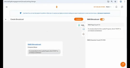 RUSH CMS showing the Engagement module and how opening the Create Broadcast menu lets you choose from the three available broadcast types, SMS, push notifications, and email.