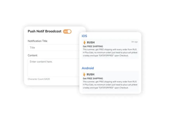 RUSH CMS Engagement module feature where you can create push notification broadcasts by toggling ON, entering your notification title and content, and checking the live preview.