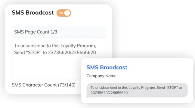 RUSH CMS Engagement module feature where you can create SMS broadcasts by toggling ON, entering your SMS message content, and checking the live preview.