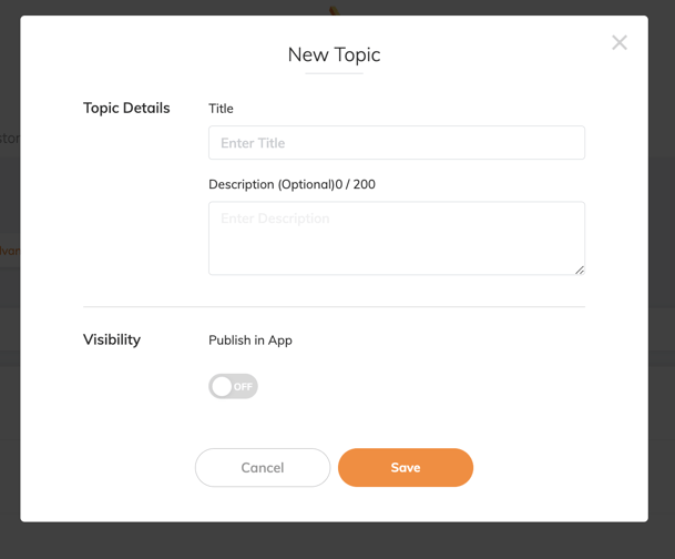 RUSH CMS Customer module then Feedback tab, shows how you can create a New Topic for customers to provide feedback for, and can toggle if it's visible in your app.