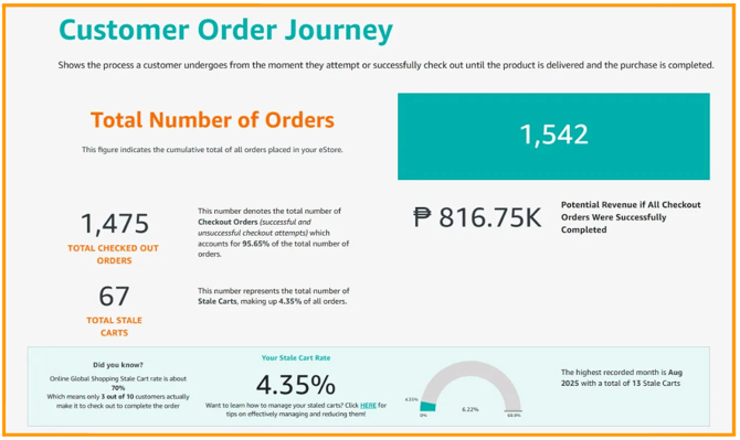 Data showing the customer order journey including the total orders vs. checked out vs. stale carts.