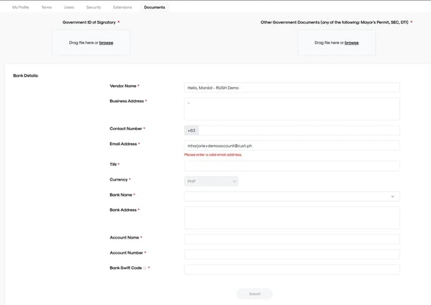 RUSH CMS Account Settings then Documents tab, where you can the Government ID of your Authorized Signatory, Bank Details, etc.