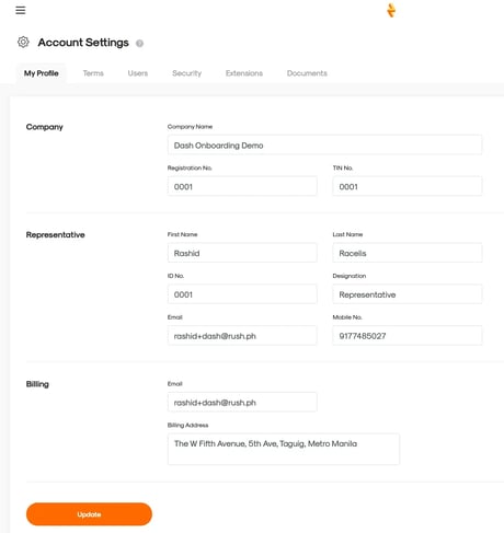RUSH CMS Account Settings tab, where your brand's Company, Representative, and Billing details can be set.