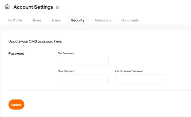 RUSH CMS Account Settings then Security tab, where you can set your account password.
