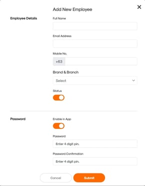 RUSH CMS Stores module and the Add New Employee menu, where you can input employee details like their name, contact details, assigned branches, and password settings.