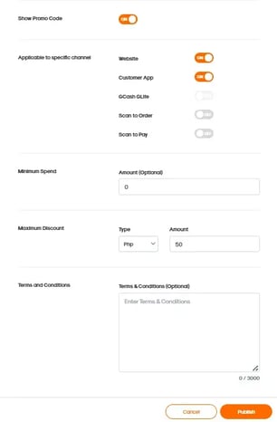 RUSH CMS Promo Codes module then the Add New Promo Code feature, where you can then set its availability to a specific channel, minimum spend, maximum discount, and other terms.