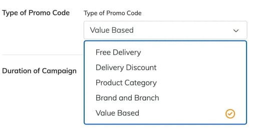 RUSH CMS Promo Codes module then the Add New Promo Code feature, where you can then set the type of promo code to free delivery, delivery discount, product category, brand and branch, or value-based.
