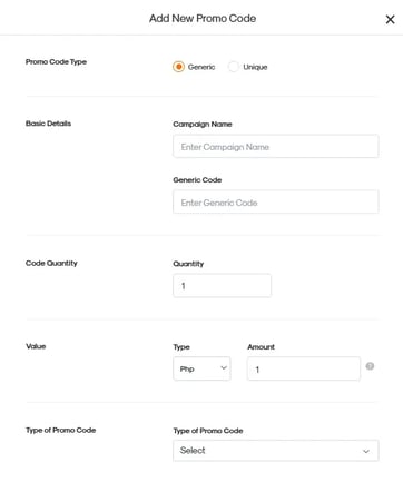 RUSH CMS Promo Codes module then the Add New Promo Code feature, where you may make a generic promo code.
