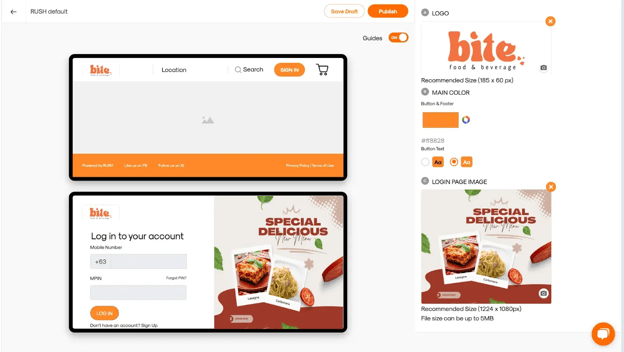 CMS eStore Design module, where you can edit your brand logo, main colors, and login page image.