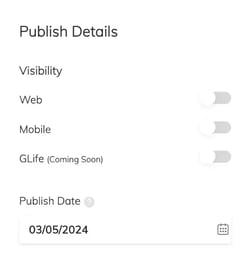 RUSH CMS Engagement module then News and Popup Broadcast publish details, where you can limit its visibility on specific channels and set the publish date.