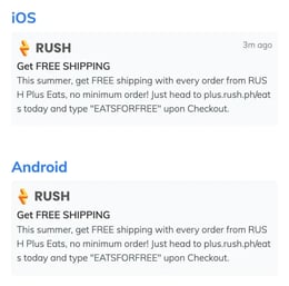 RUSH CMS Engagement module then Push Notif Broadcast option, where a mockup of the message can be viewed.