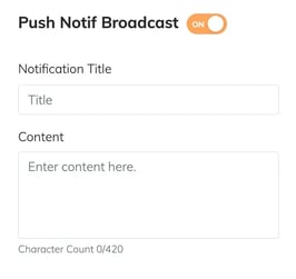 RUSH CMS Engagement module then Push Notif Broadcast option, where a mockup of the message can be viewed.