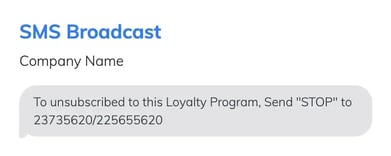 RUSH CMS Engagement module then SMS Broadcast option, where a mockup of the message can be viewed.
