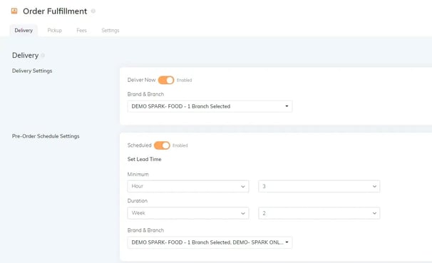 RUSH CMS Order Fulfillment module where you can specify your delivery and pick-up settings like immediate delivery options, lead times, etc.