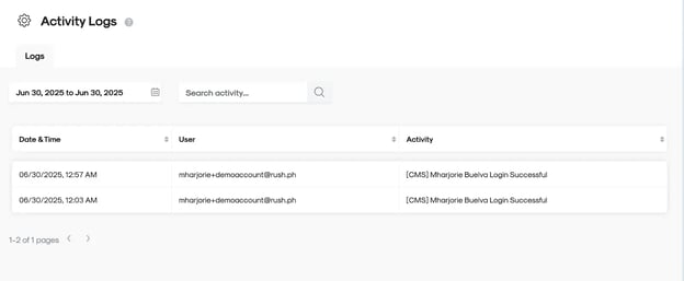 RUSH CMS Other Settings then Activity Logs option, where you can view actions performed by other authorized users.