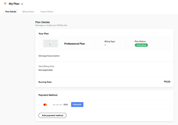 RUSH CMS Other Settings then Plan Details option, which allows you to view your plan and manage payment methods.