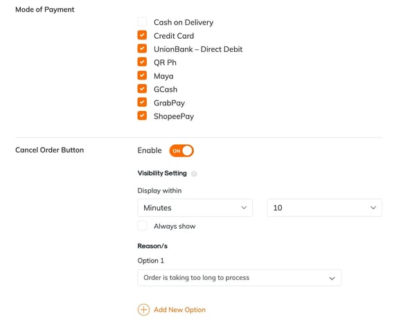 RUSH CMS Settings module, where you can set your brand's mode of payment and order cancellation options.