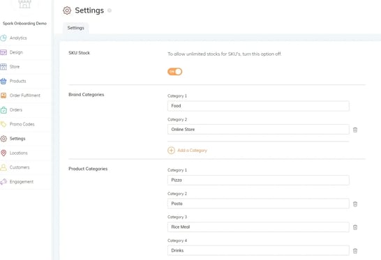 RUSH CMS Settings module, where you can set your brand and product categories.