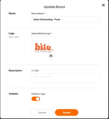 RUSH CMS Store Module then Update Brand options, where you can define its general details like name, logo, description, and visibility.