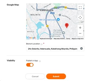 RUSH CMS Store Module then Update Brand options, where you can set your exact location via Google Maps, and this specific branch's visibility on your Customer App.