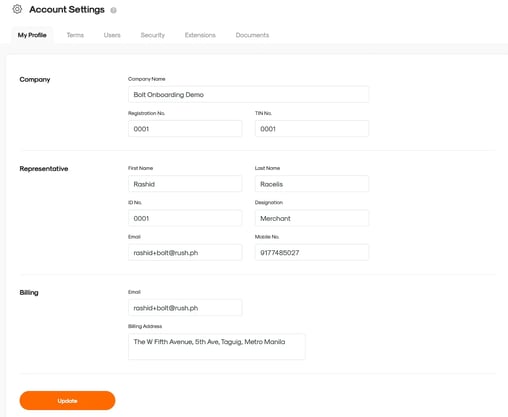 RUSH CMS for loyalty merchants, featuring the Other Settings then Account Settings and My Plan tab, which is where you can manage your company, representative, and billing details.
