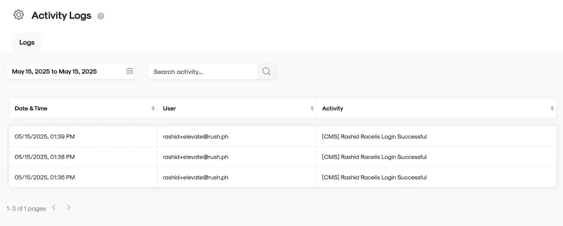 RUSH CMS for loyalty merchants, featuring the Other Settings then Activity Logs menu where you can check and monitor actions done by all CMS users.