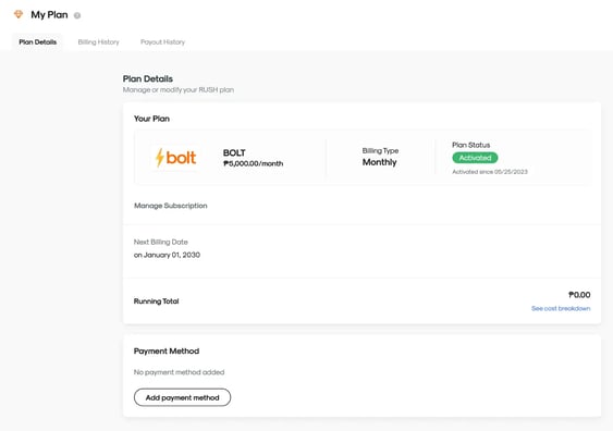 RUSH CMS for loyalty merchants, featuring the Other Settings then My Plan menu where you can view your plan and payment method settings.