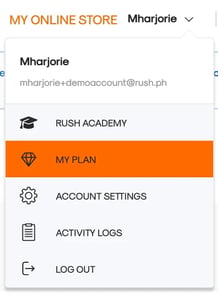 RUSH CMS for loyalty merchants, featuring the Other Settings menu and its options: RUSH Academy, My Plaan, Account Settings, Activity Logs, and Log Out.