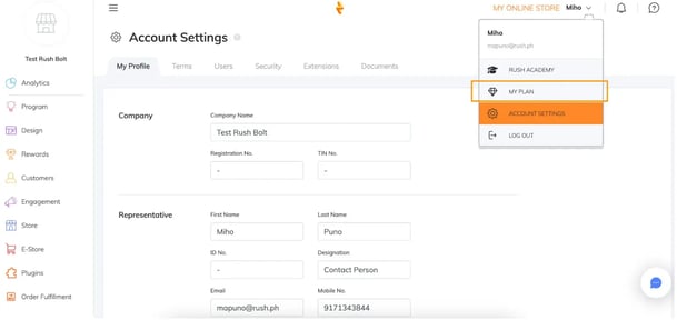 RUSH CMS showing how you can access the My Plan option under Other Settings at the top-right corner.