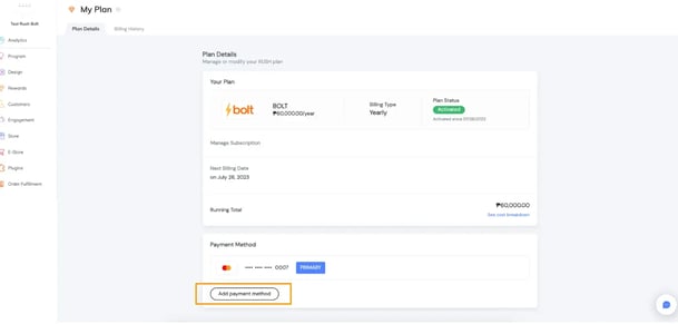 RUSH CMS My Plan menu under Other Settings, where you can view your plan deals, billing history, and payout history.