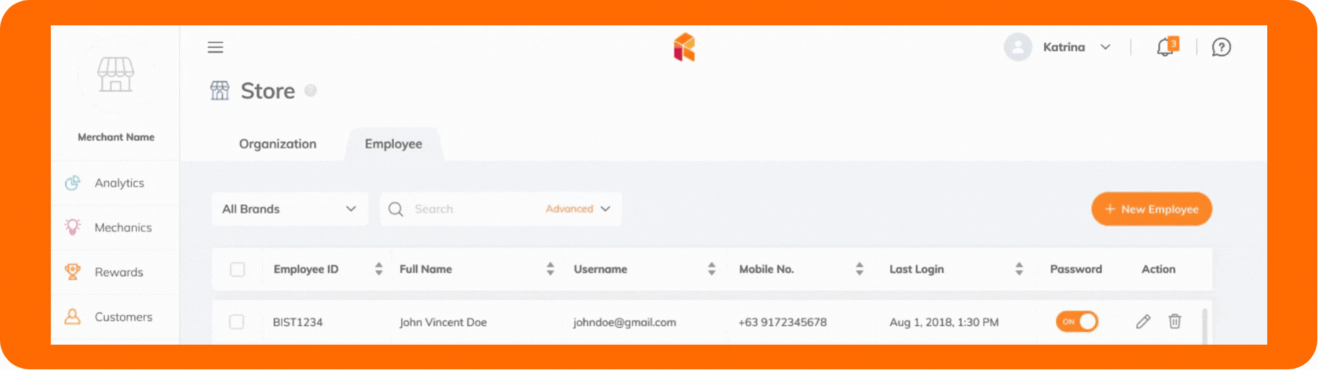 RUSH CMS Stores module then the Employee tab, where you can look up a specific employee using the Search bar.