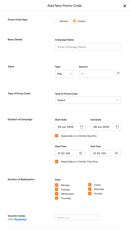 CMS screen displaying a sample creation of unique promo codes